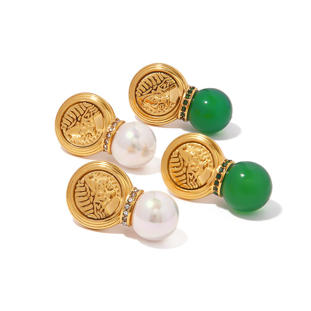 5pcs Retro Stainless Steel Inlaid Green Pendant Earrings Titanium Steel Pendant Earrings