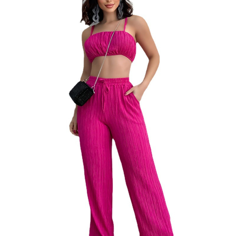 Summer Suit Women Solid Color Sleeveless Waist Sexy Pants Women's Two-Piece Set