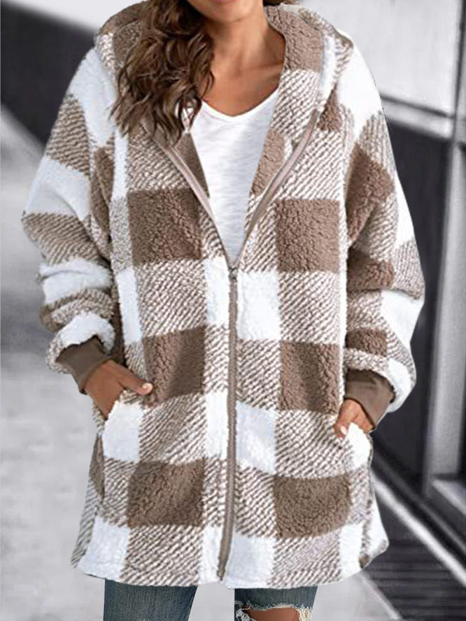 Plush Women's Coat New Long-Sleeved Plaid Hooded Zipper With Pocket Loose Coat