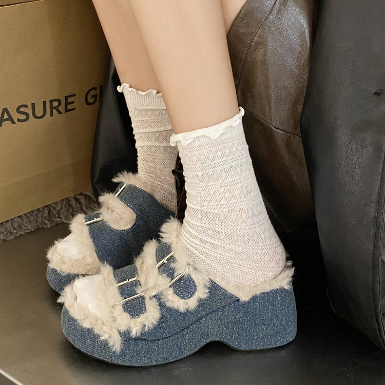 Wedge Heel Thick Sole Woolly Slippers Autumn/Winter Cowboy Belt Buckle Office Casual Warm Plush Cotton Slippers