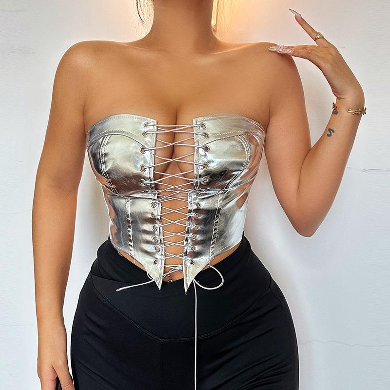 Summer New Fashion People All Fit Bright Leather Strap Girded Waist Spice Girl With Chest Vest Woman