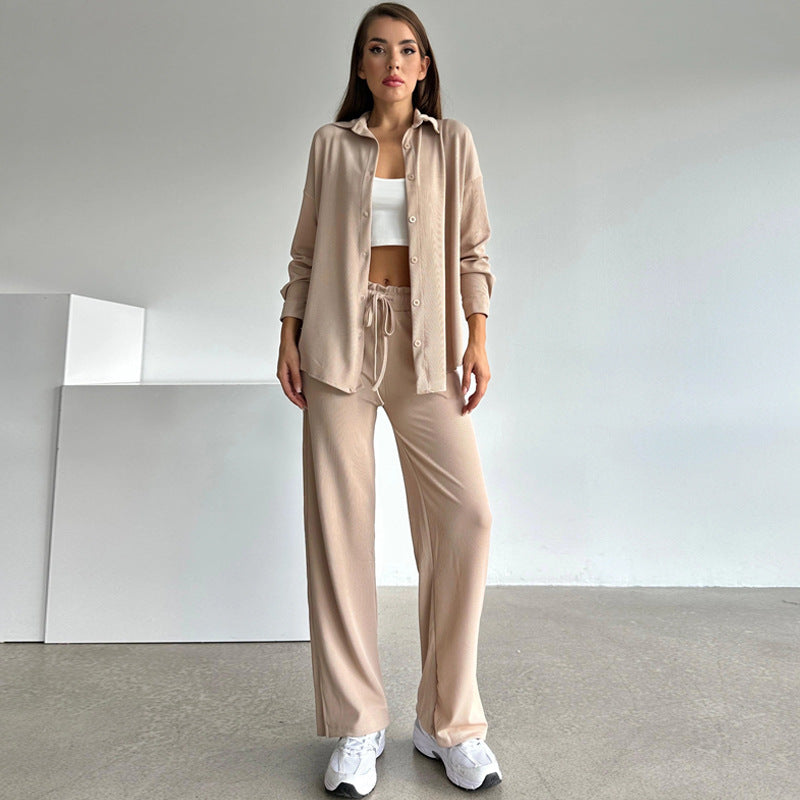 Fashion Casual Suit Cardigan Lapel Long Sleeve Solid Color Loose Pants Women's Two-Piece Set