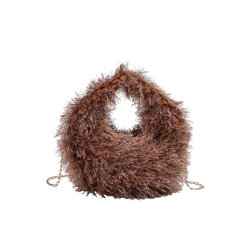 Autumn and Winter Simple Fringe Plush Small Round Handbag