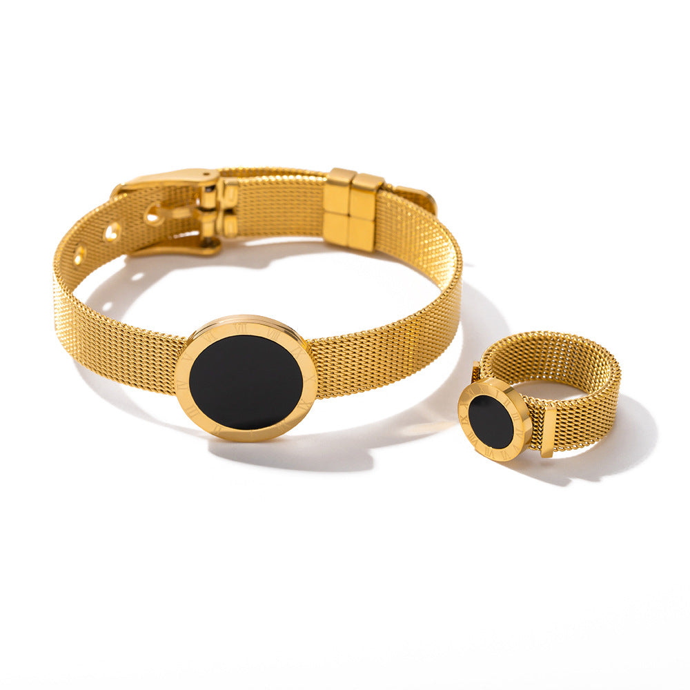5pcs Vintage Niche Set 16K Gold Stainless Steel Black Sheet Romanesque Time Watch With Bracelet Do Not Fade Hand Jewelry