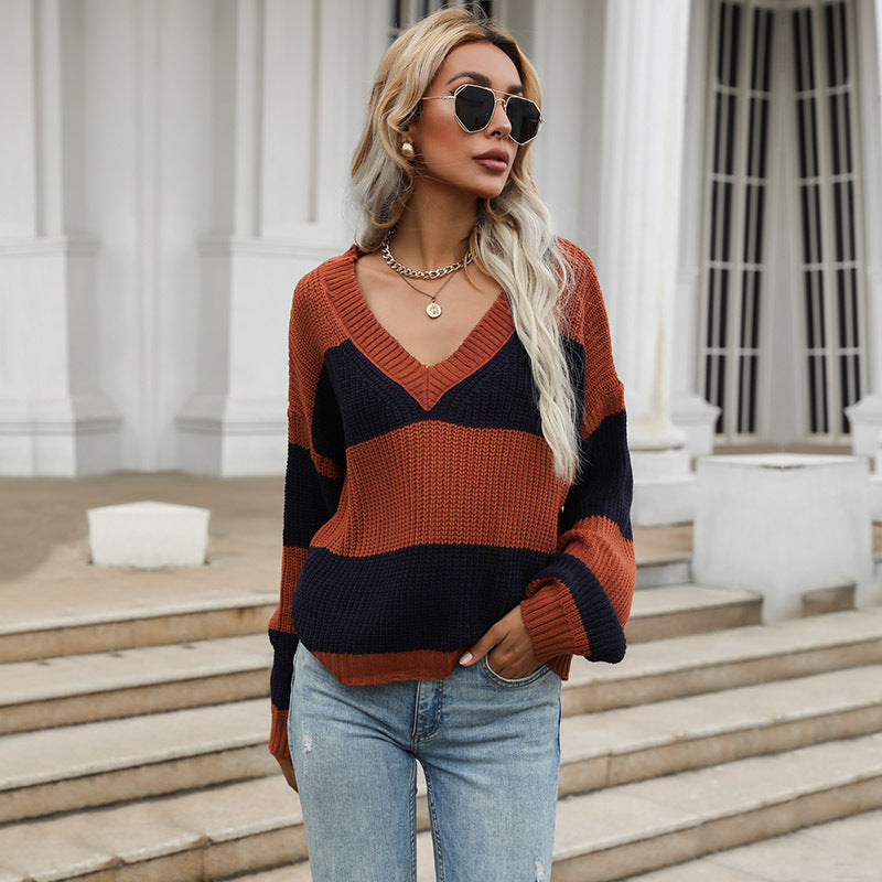 Fashion Women's Autumn Long Sleeve Color Matching Loose V-Neck Sweater To Wear