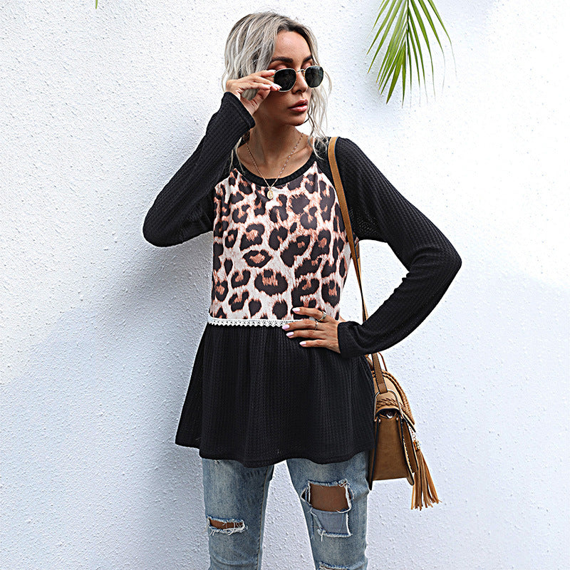 Fashion Top Splicing Long Sleeve Leopard Print Black Slim-Fit Sweater