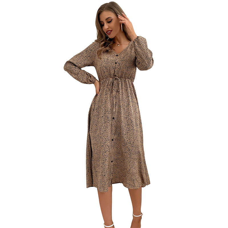 For Fashion Women's New V-Neck Leopard Print Long-Sleeved Slim Dress