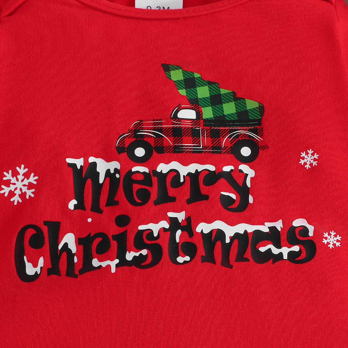 New Christmas Elk Print Top + Christmas Pattern Pants + Christmas Hat Three-Piece Set
