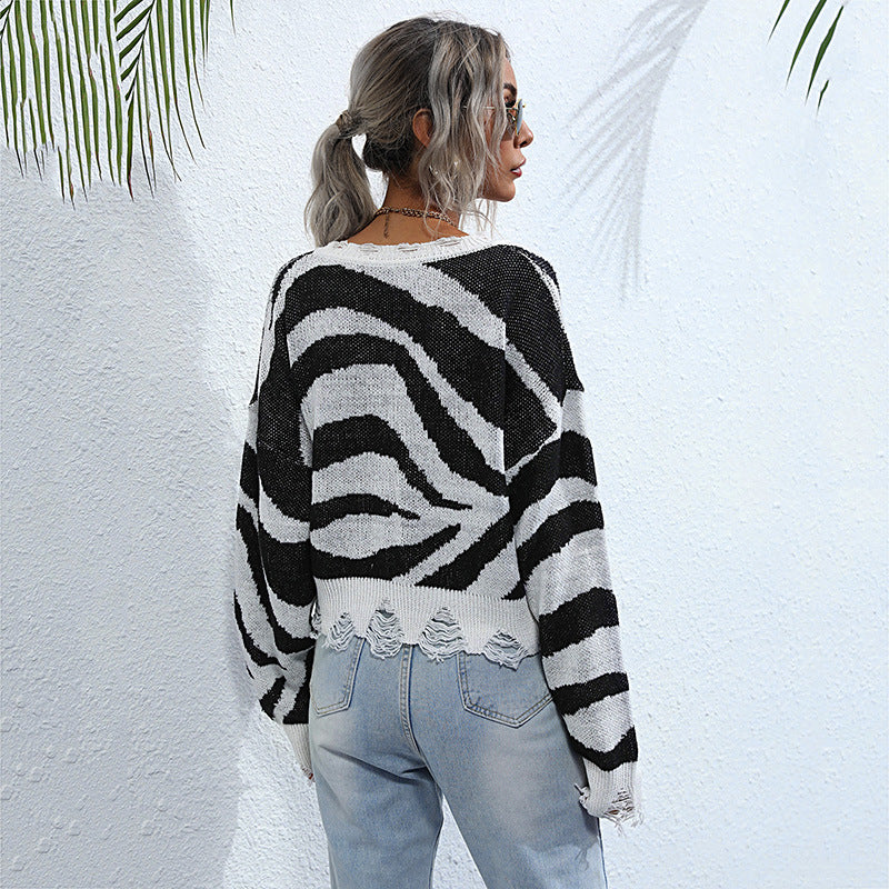 Autumn Zebra Knit Bottom With V-Neck Sweater Female Loose