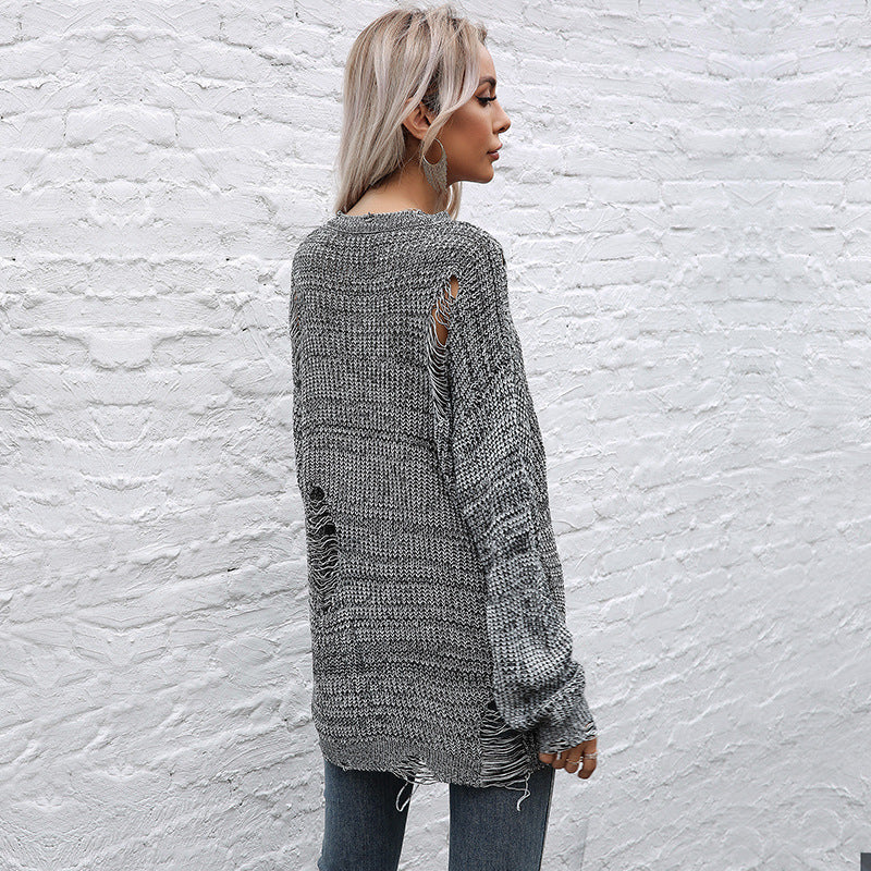 Autumn Wind Hole Solid Color Crew-Neck Mori Sweater Knit Woman