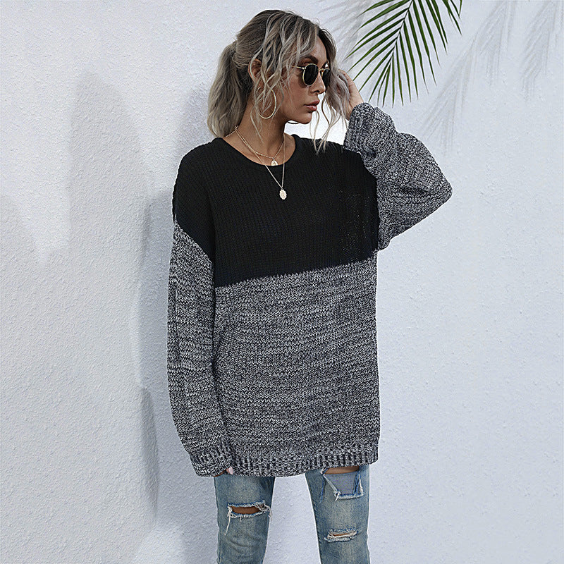 Color Contrast Round Neck Long Sleeve Knitted Sweater - Women's Medium-Length Fashion