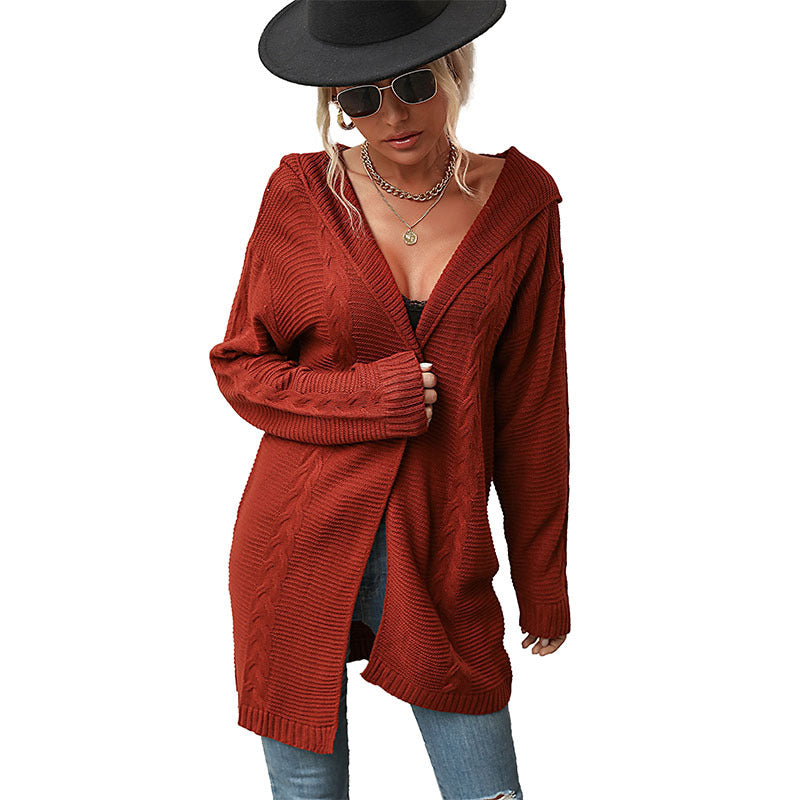 Chic Red Hooded Sweater Cardigan Coat