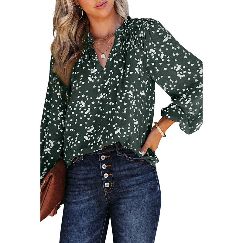 Shiying Yellow Romantic Print Crepe Chiffon Shirt Women's V-Neck Pullover Top
