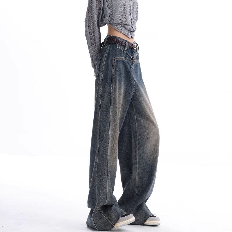 Early Fall New Wash Water Nostalgic Raw Hem Jeans Women's Vintage Wide-Leg Pants