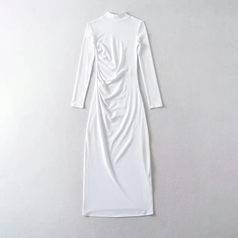 Female New Spring New Sexy Spice Girl Pure Wind Half High Neck Long Sleeve Pleated Dress
