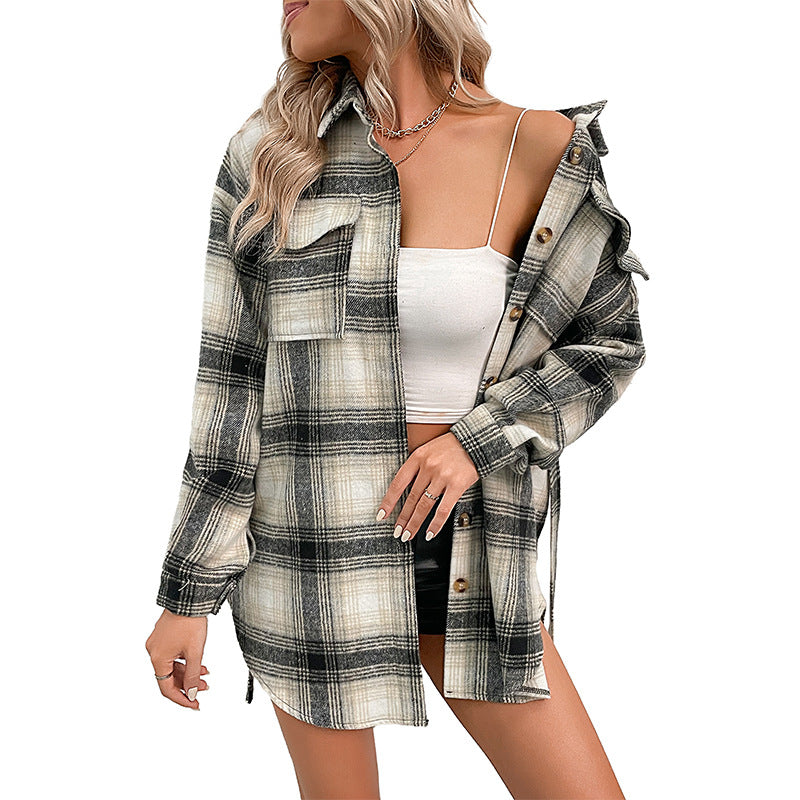 New Autumn And Winter New Women's Long Plaid Shirt Coat Women Shacket