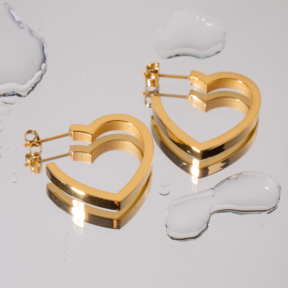 5pcs 18K Gold Earrings Stainless Steel Flat Heart Stud Runways With Titanium Steel Earrings