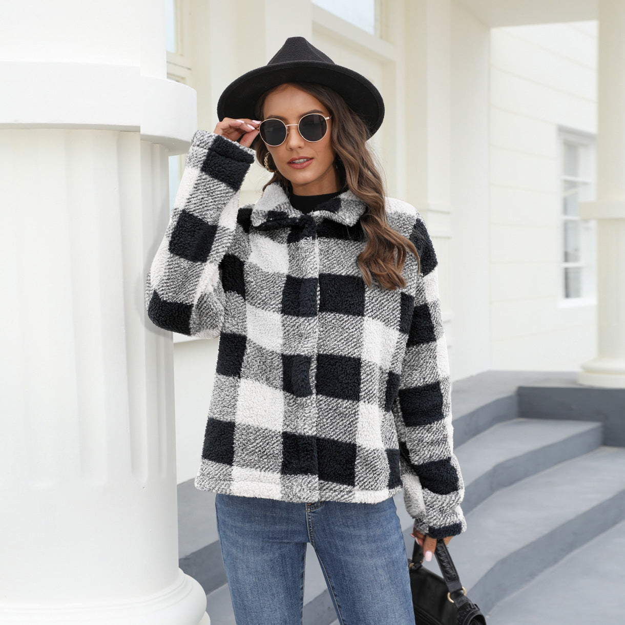 Mid-Length Autumn-Winter Button-Up Warm Coat Women's Retro Long-Sleeved Lapel Plaid Double-Sided Plush Coat