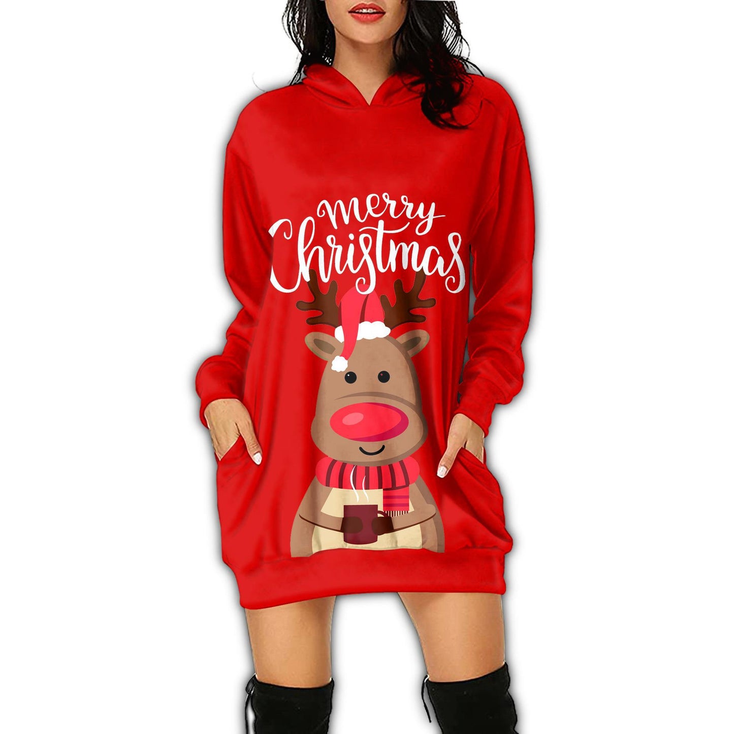 Autumn Women's Print Casual Long-Sleeved Hoodie Dress Christmas Holiday Party Dress