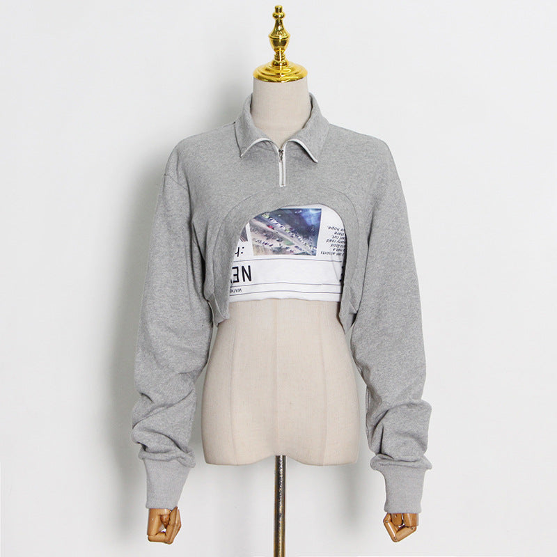 Casual Temperament Spring Lapel Fashion Short Hoodie + Printed Chest + High Waist Wide Leg Trousers Woman