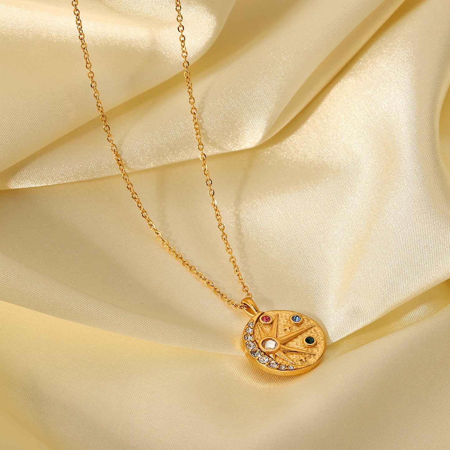 5pcs Stainless Steel Necklace 18K Gold Sun Moon Relief Hammer Inlaid Color Zircon Round Pendant Collar Female