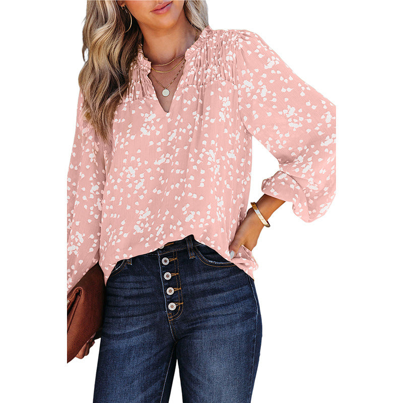 Shiying Yellow Romantic Print Crepe Chiffon Shirt Women's V-Neck Pullover Top