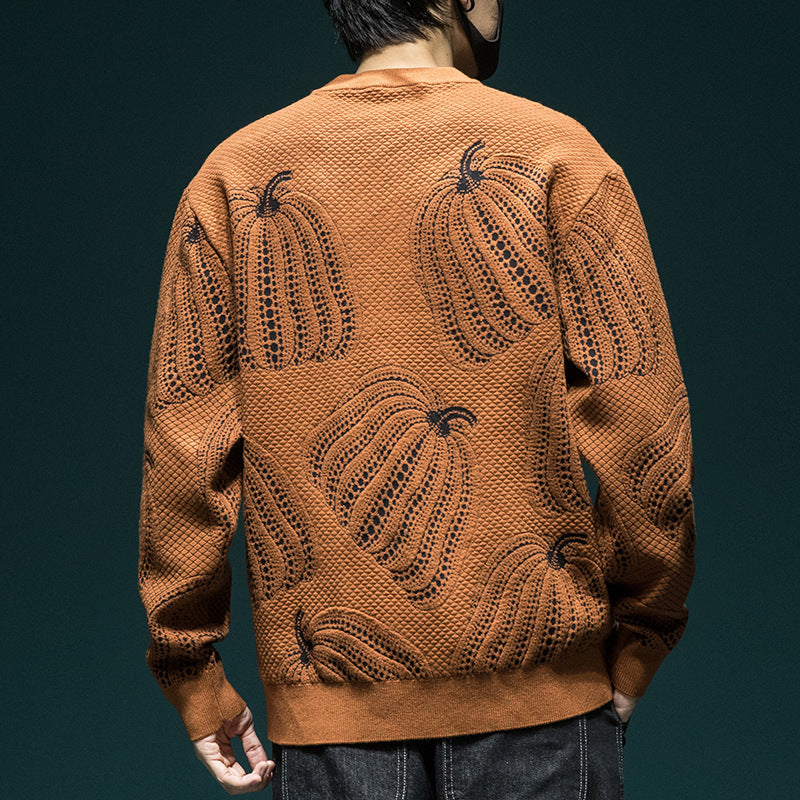 New Three-Dimensional Pumpkin Jacquard Sweater Men Loose Large Size Winter Heavy Crew-Neck Sweater Sweater