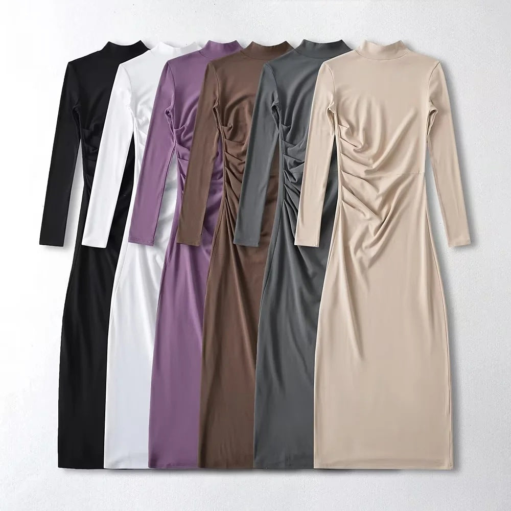 Female New Spring New Sexy Spice Girl Pure Wind Half High Neck Long Sleeve Pleated Dress