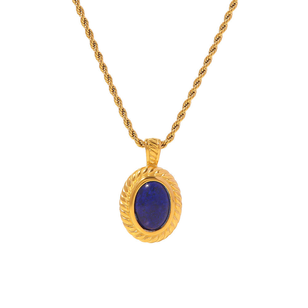 5pcs Cold Everything With Retro Temperament Personality Regular Chain Inset Lapis Lazio Oval Pendant Necklace