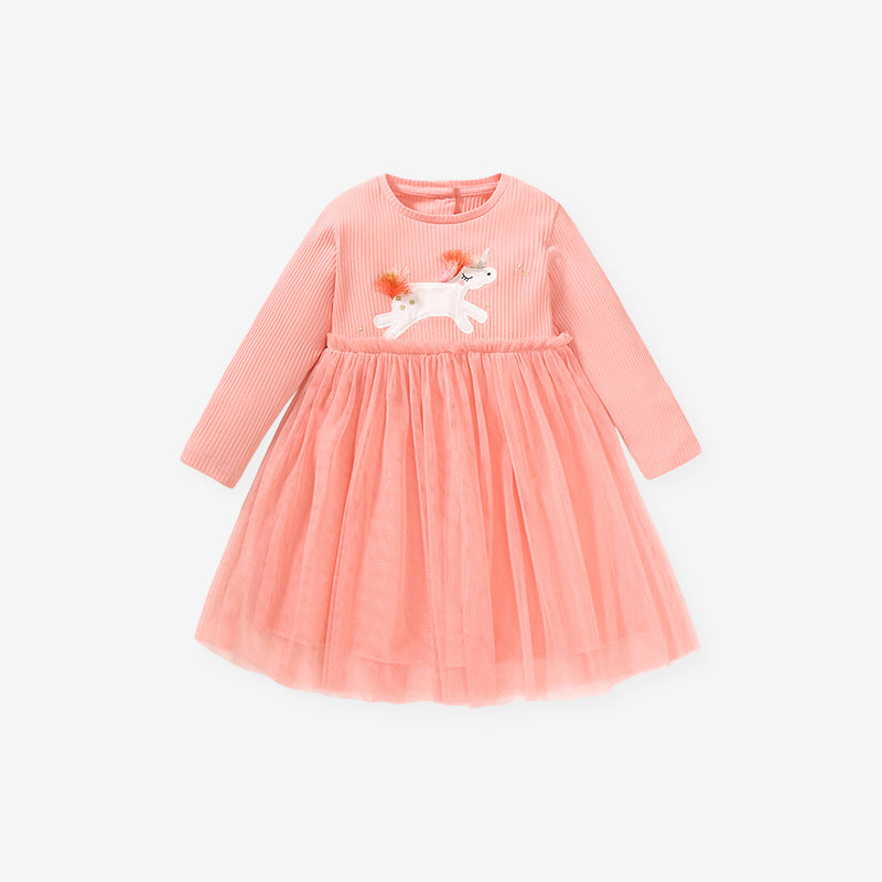 New Mesh Girls Dress Autumn Long-Sleeved Children's Princess Dress Cotton Children's Dress