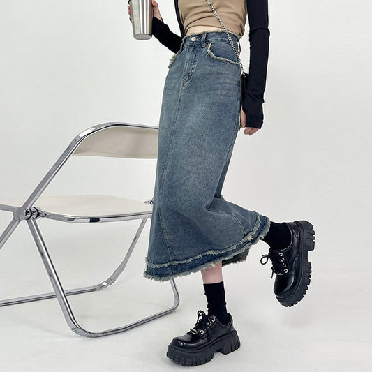 Midi For Women Design Sense Influencer Niche Retro Fur-Trimmed High Fanny Pack Hip A-Line Denim Skirt Summer