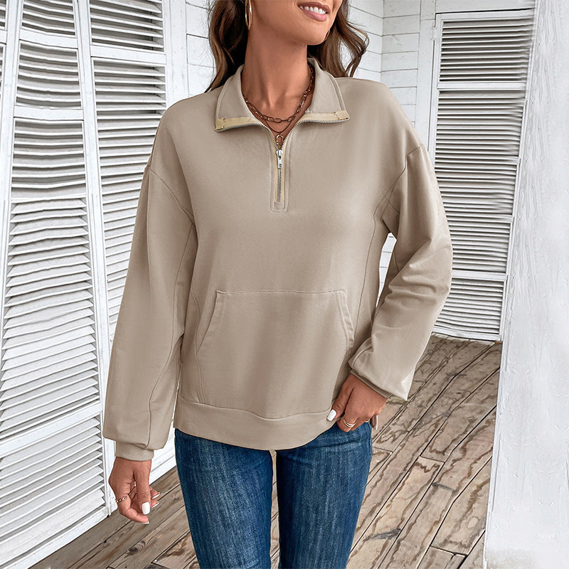 Autumn New Women's Lapel Long-Sleeved Top Zipper Loose Casual Hoodie T-Shirt