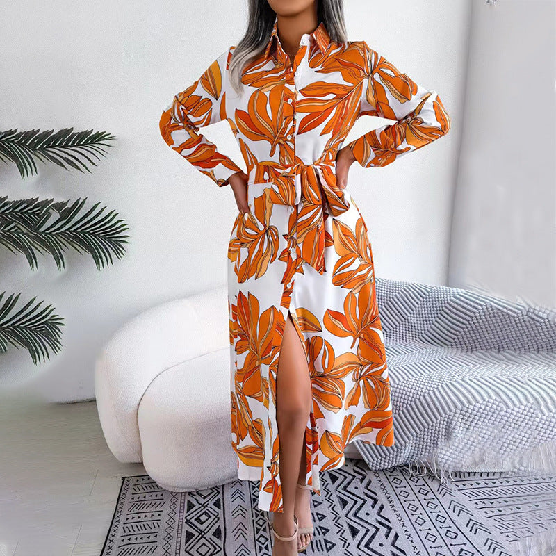 Women's Autumn Winter Color Plant Flower Lapel Print Shirt Skirt Long Dress