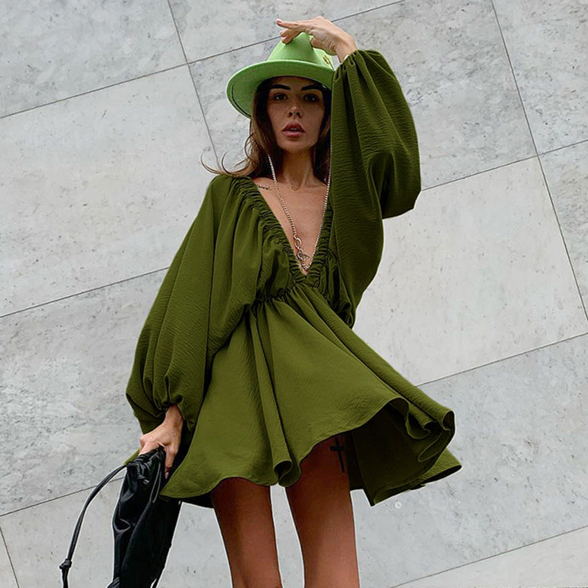 Autumn Women's Skirt Lantern Sleeve V-Neck Sexy Temperament Senior Vintage Dress