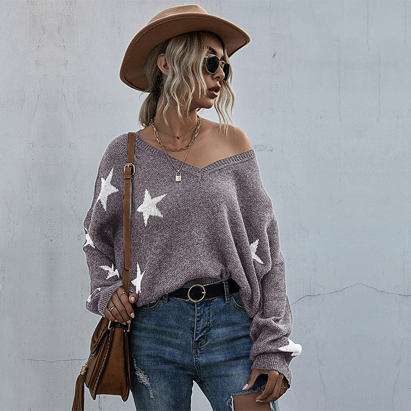 Women's Star Pattern V-Neck Fringe Knitted Sweater Autumn And Winter