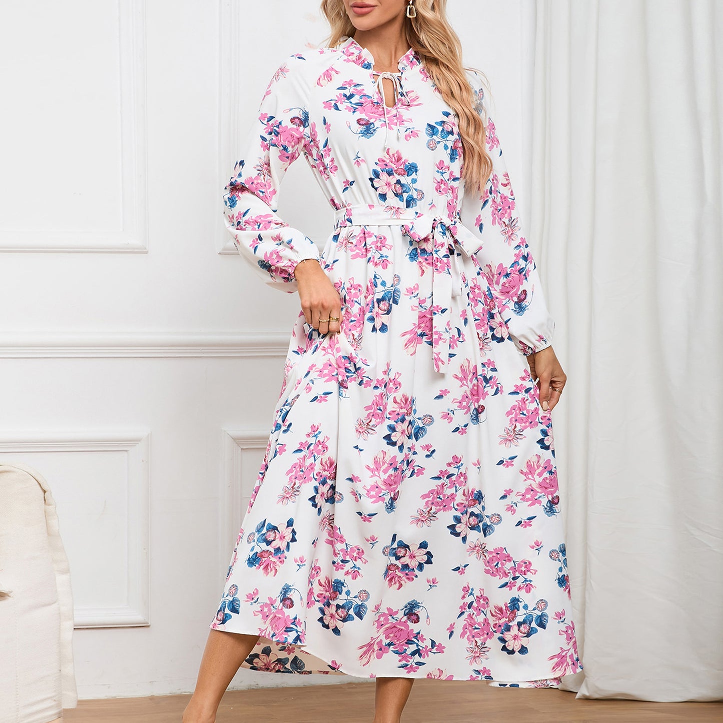Slim-Fit Temperament Women Lantern Sleeve Stand Collar Lace Floral Skirt Mid-Length Dress