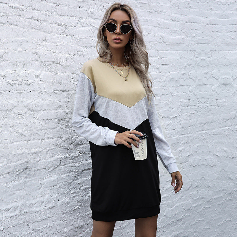 New Contrast Color Loose Round Neck Skirt Autumn Long Sleeve Splicing Dress Women