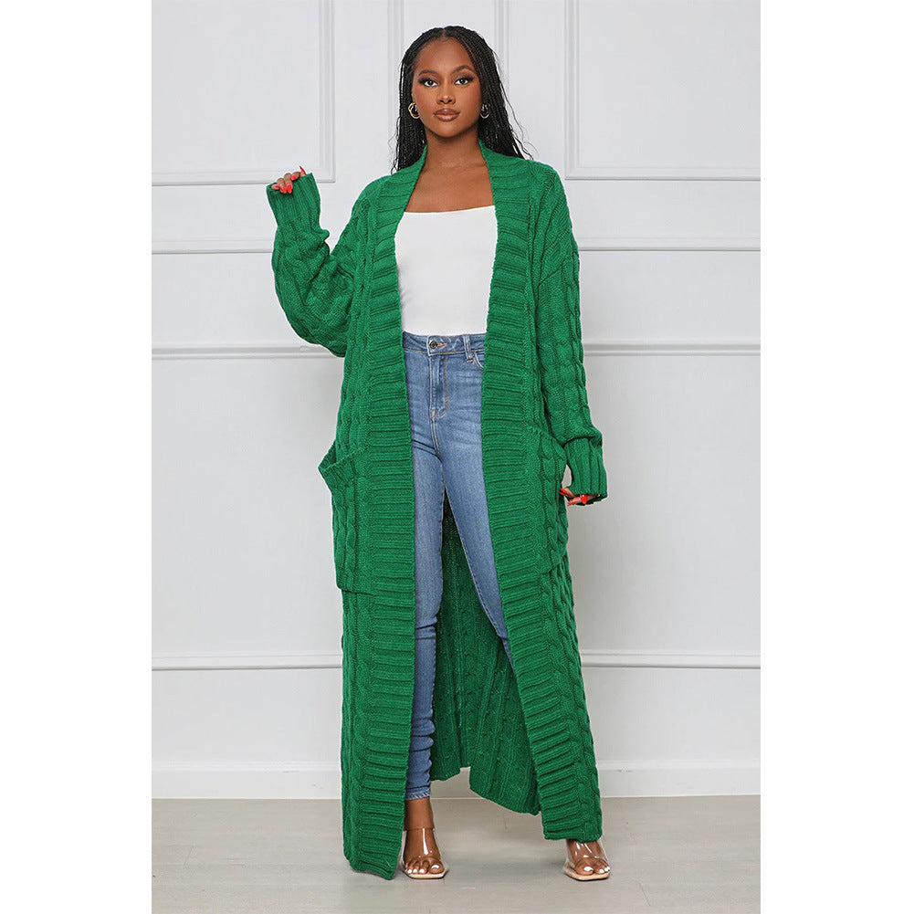 Women's Autumn And Winter New Loose Knit Cardigan Lazy Pocket Long Twist Sweater Coat
