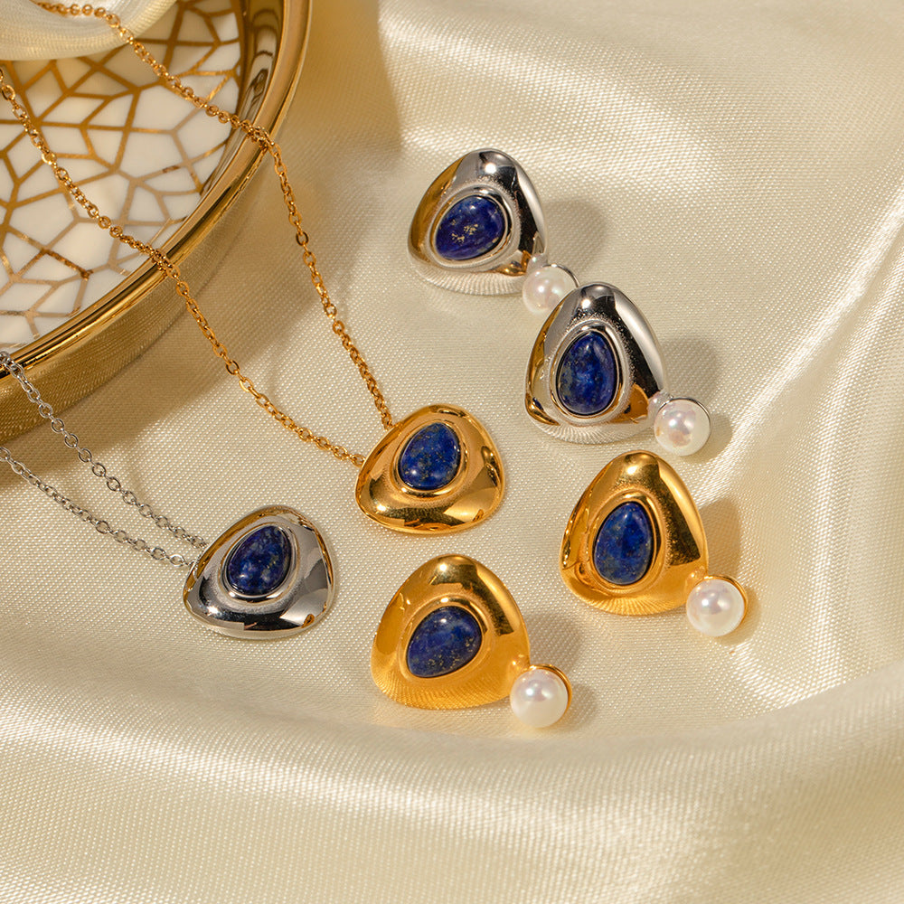 5pcs Summer New Style Retro Inlaid Lapis Lazuli Cold Metal Temperament All-Matching Titanium Steel Necklace