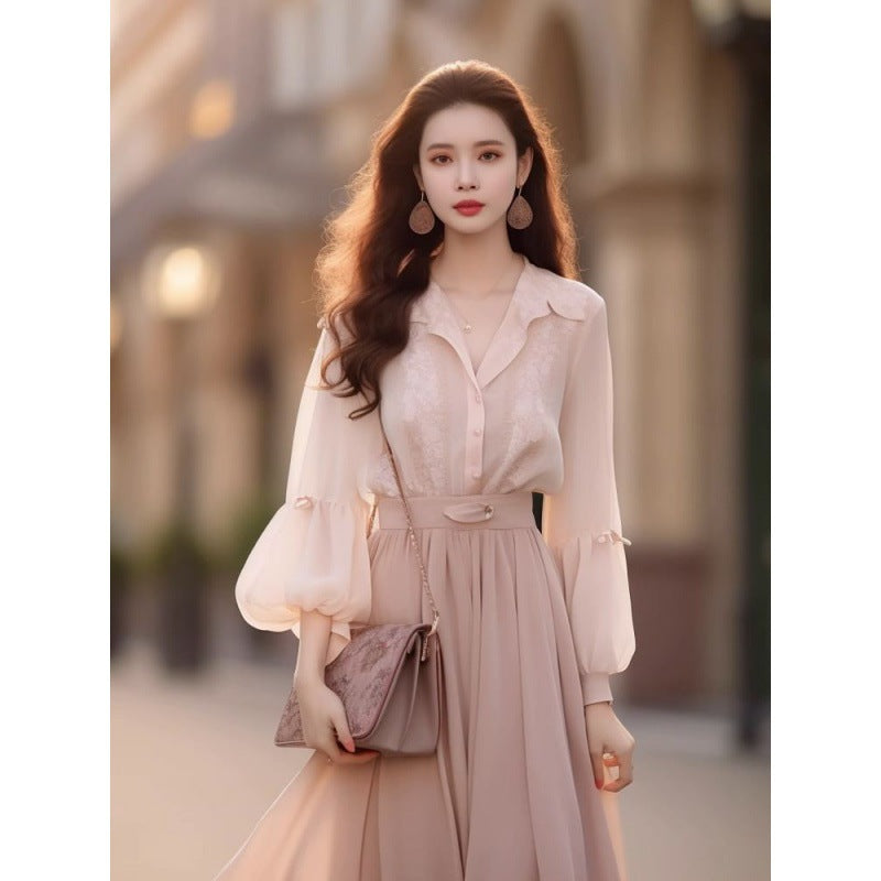Autumn Wear With New Style Of Small Fragrance Shirt Suit Fashionable Temperament Pink Long Skirt Two-Piece Dress