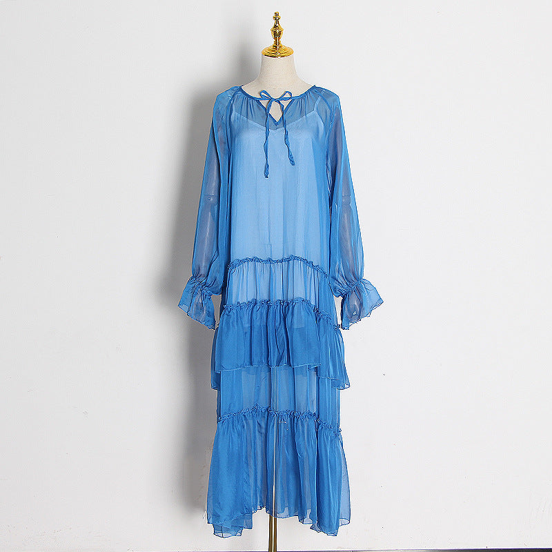 New Wooden Ear Edge Splicing Holiday Beach Long Skirt V-Neck Long Sleeve Dress Women With Suspenders