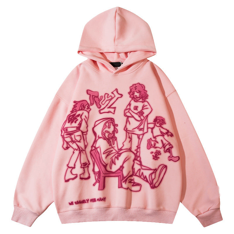 Y2K Graffiti Street Pink Casual Sports Hoodie Loose Cartoon Print Pullover Hoodie Hip Hop Men And Women