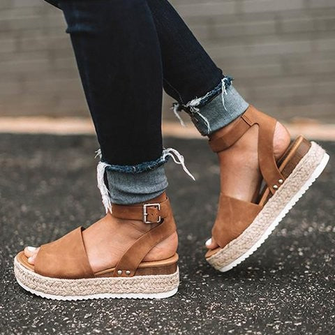 Large Size Summer Muffin Clasp Fish Mouth Sandals Side Empty Hemp Rope Braided Thick Sole Wedge Slippers