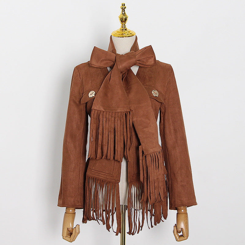 New Fashion Lace-Up Bib A Variety Of Wear With Fringe Slim Horn Long-Sleeved Coat