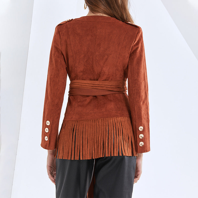 New Fashion Lace-Up Bib A Variety Of Wear With Fringe Slim Horn Long-Sleeved Coat