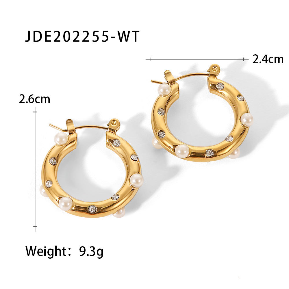 5pcs New Titanium Steel Ring Earrings 18K Stainless Steel Inlaid Pearl Zircon Earrings For Women