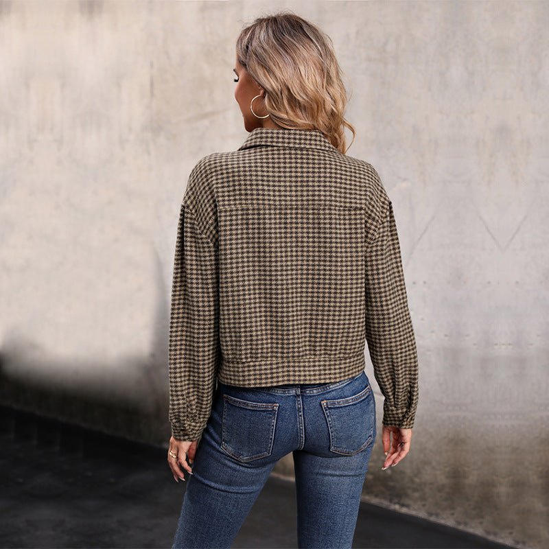 Autumn Casual Jacket Autumn Plaid Short Coat New Lapel Long-Sleeved Top