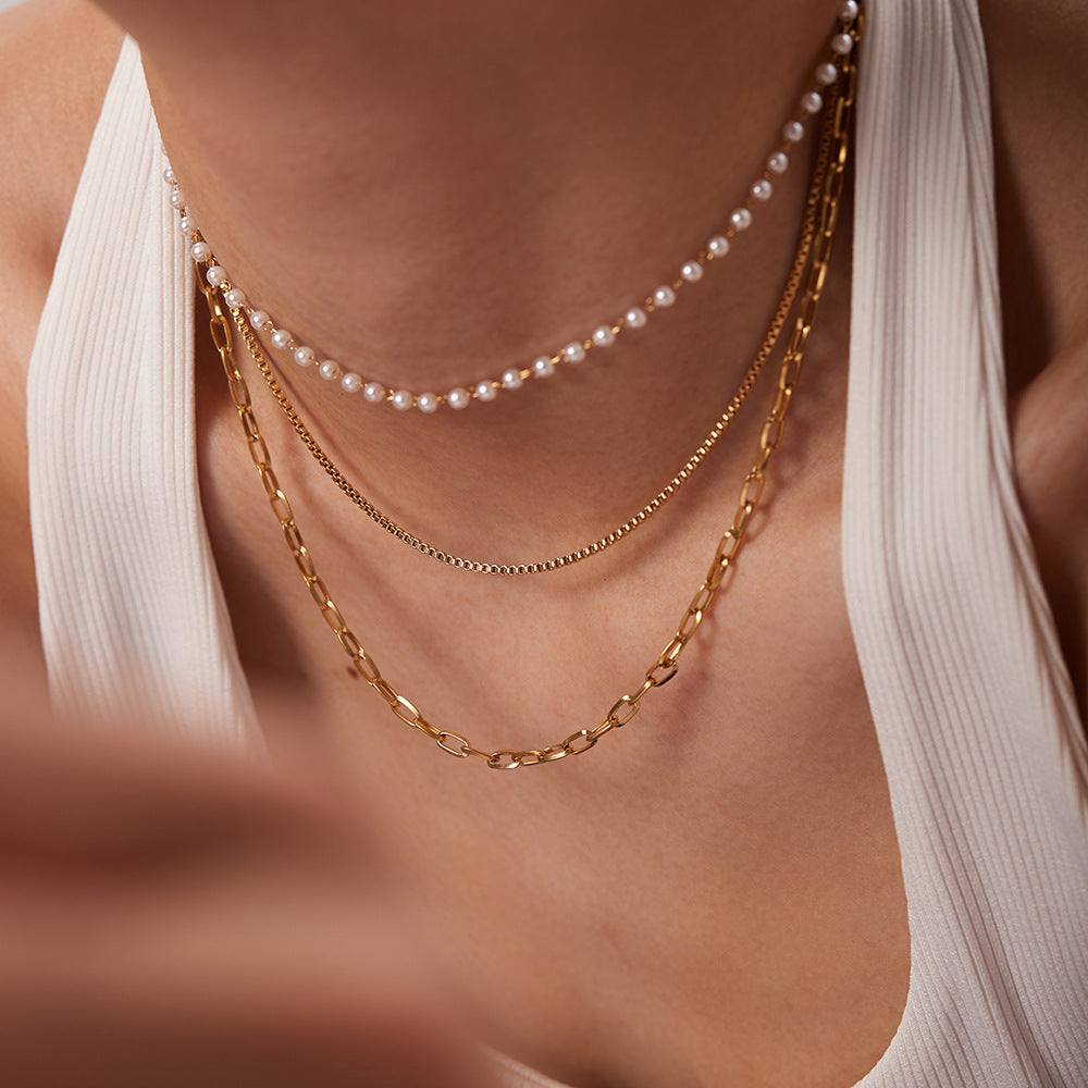 5pcs Necklace Is Independently Packaged 18K Gold Stainless Steel Small Pearl Chain Three-Layer Necklace For Women