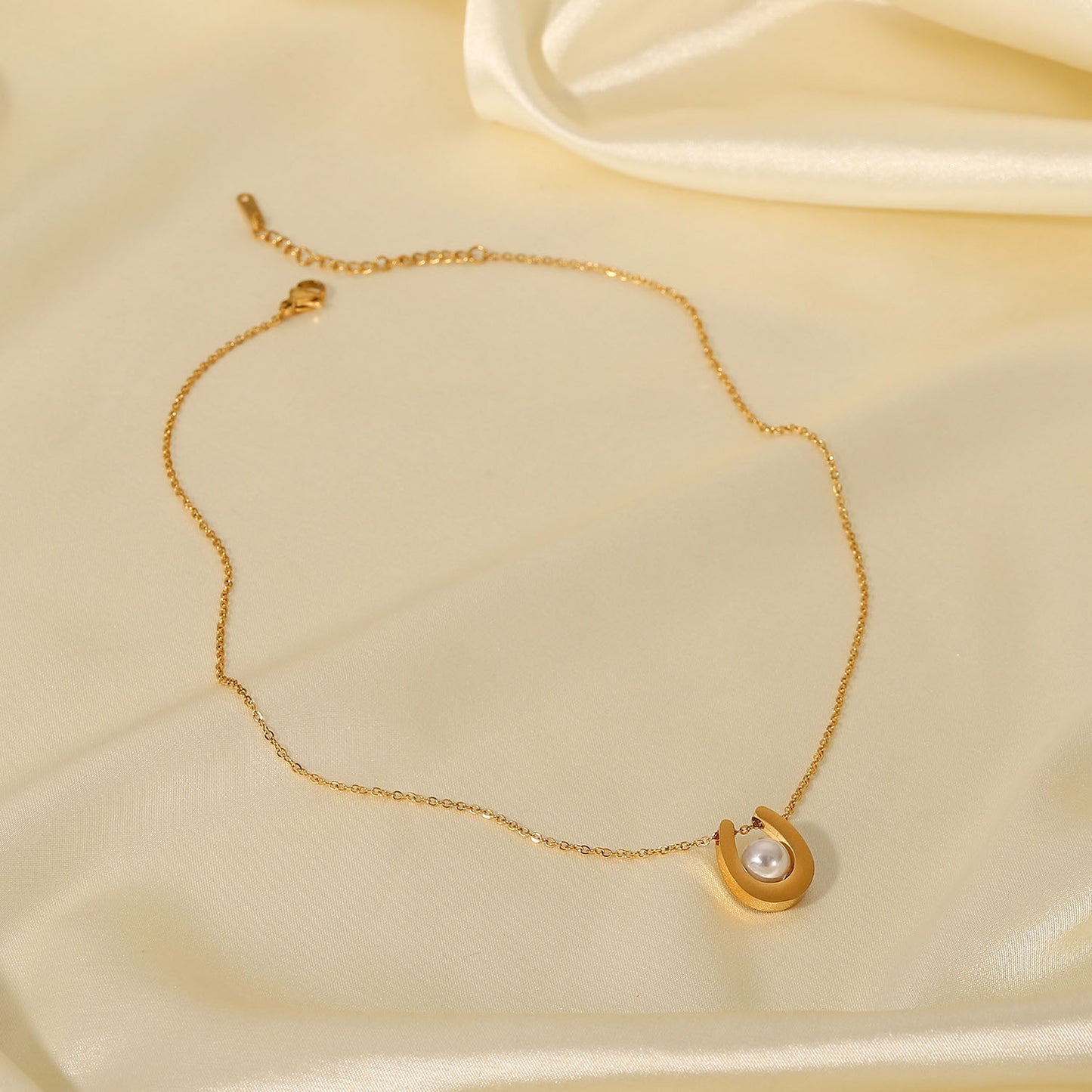 5pcs New 18K Gold Plated Chain Ring Pearl Pendant Necklace Stainless Steel U-Shaped Pearl Round Pearl Necklace For Women