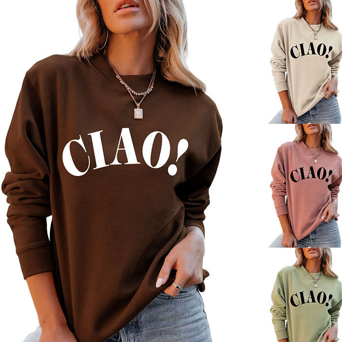 New Long-Sleeved Blouse Ciao Simple Letter Round Neck Sweater Loose Undershirt Women